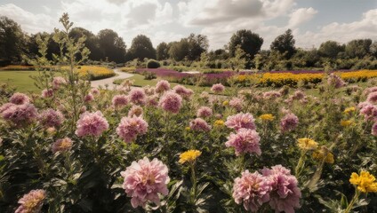 Obraz premium Lush park scene with vibrant flowers, path, and trees under a partly cloudy sky