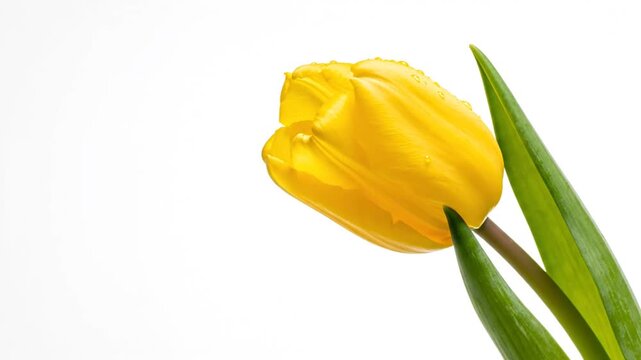 Fresh yellow tulip bud with water drops on white background