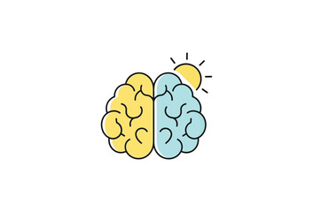 Stylized vector illustration depicting two distinct brain hemispheres one bright yellow and the other light blue with a rising sun on transparent background