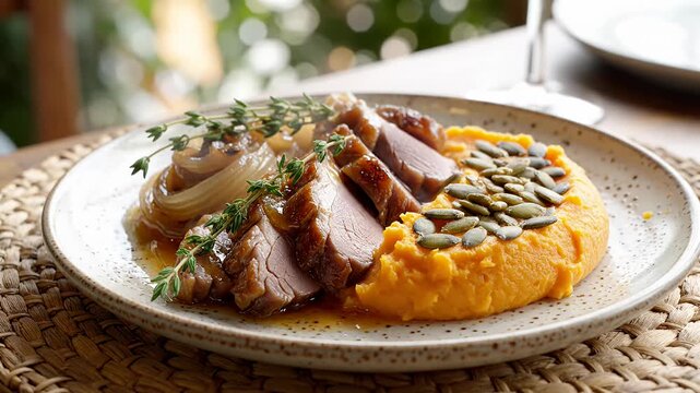 Elegant duck breast with sweet potato mash and caramelized onions
