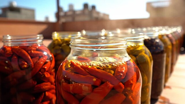 A Row Of Glass Jars Filled With Assorted Pickled Ingredients Including Red Chilies And Olives Sunlit On An Outdoor Terrace With Blurred Background Buildings Under Clear Blue Sky