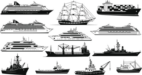 Collection of ship silhouettes including cruise liner cargo vessel sailboat yacht and naval warship, maritime transport set isolated on light background for design © Hello World