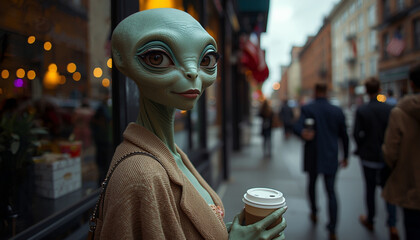 Obraz premium Alien Woman Drinking Coffee in a Modern City Street - Feeling Different in Modern Society