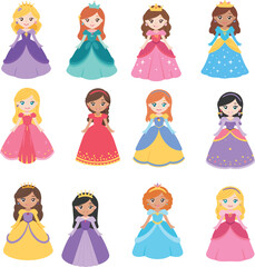 Naklejka premium cute princess cartoon characters collection, colorful fairy tale girls set, cad drawing flat vector illustration kids sticker bundle