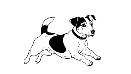 Energetic Jack Russell Terrier running, black and white illustration, playful dog, action shot