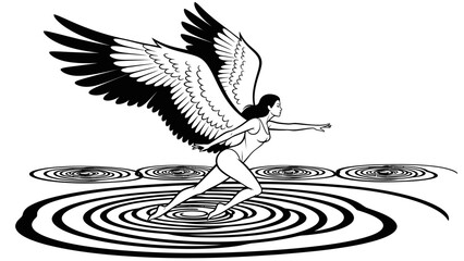 Mythical winged woman running on water, surreal art, fantasy illustration