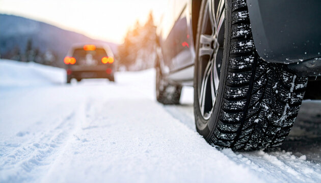 A close-up of a tire in snow, showcasing winter driving conditions on a snowy road with blurred car in the background