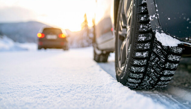 A close-up of a tire in snow, showcasing winter driving conditions on a snowy road with blurred car in the background