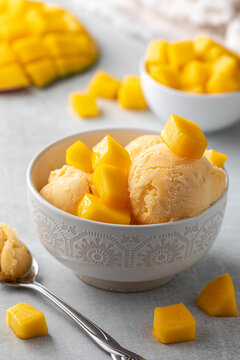 Sweet and delicious mango sorbet topped with diced mango.