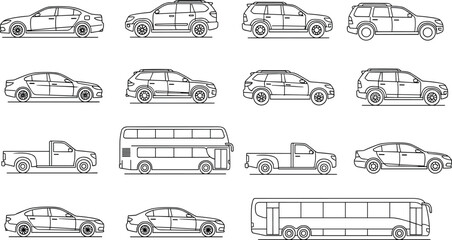 Set of vehicle line icons including sedan, SUV, pickup truck and bus, minimalist outline transportation collection isolated on light background for infographic design use © Hello World