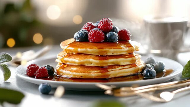 A mouthwatering stack of pancakes drizzled with syrup and adorned with raspberries and blueberries is served. The inviting colors bring warmth to a cozy breakfast setting.