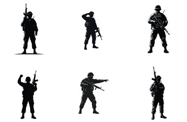 Soldier Silhouettes in Various Poses Vector Illustration