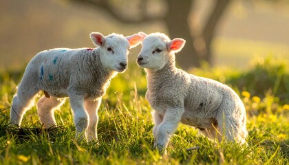 Obraz premium Two adorable lambs grazing in a sun-drenched meadow.