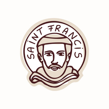 Saint Francis of Asissi hand drawn vector motif with the birds on pilgrimage. Isolated black and white Franciscan friar with tonsure and halo for catholic religious St Francis lives illustration. 