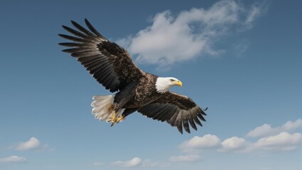 Majestic eagle soaring mid-air against a blue sky with fluffy clouds, wings spread wide