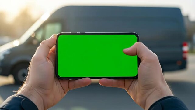 Hands Holding Smartphone With Green Screen For Chroma Keying In Front Of A Dark Gray Van With Soft Sunlight And Outdoor Parking Lot Background In Horizontal