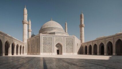 Fototapeta premium Majestic marble mosque with domes and minarets under a cloudless sky, courtyard view