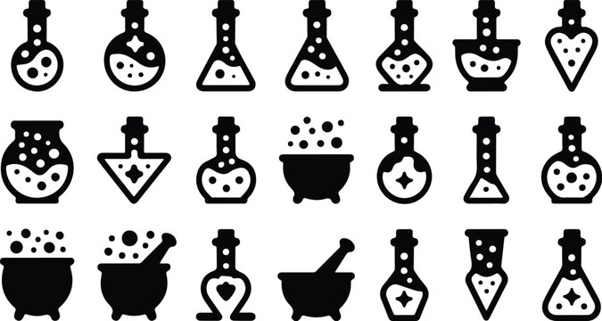Set of 21 black alchemy potion bottle and cauldron icons vector