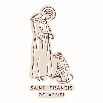 Saint Francis of Asissi hand drawn vector motif with the wolf gubbio. Isolated black and white Franciscan friar with tonsure and halo for catholic religious St Frances lives celebration illustration. 