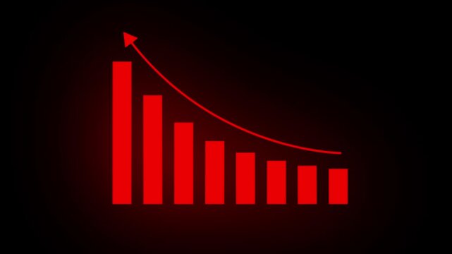 Red bar graph with decreasing trend line on black background business finance data visualization red bars