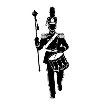 Silhouette of a drum major leading a marching band in uniform.