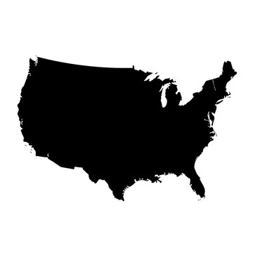 Black silhouette map of the contiguous United States in simple outline design.