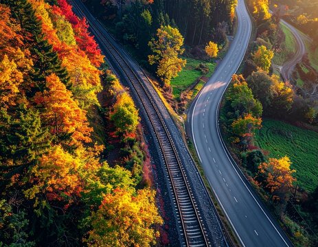 Parallel road and train tracks splitting into opposite curves, bright dynamic daylight