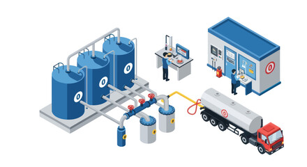 Isometric Industrial Chemical Plant with Storage Tanks and Delivery Truck.