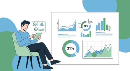 Man Interacting With Digital Analytics Dashboard and Charts For Business Growth Strategy