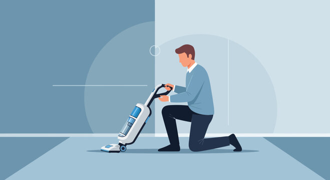 Man Kneeling With Modern Vacuum Cleaner In Clean Room