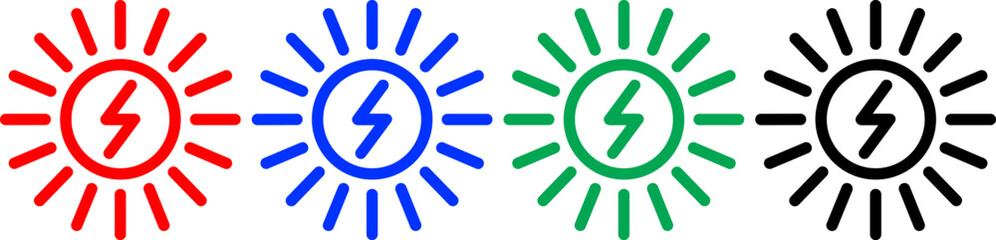 Set of four sun with lightning icons in red, blue, green, and black, radiating lines