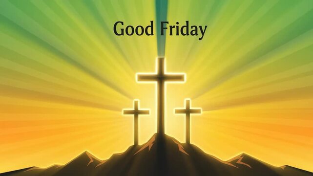 Slow zoom in on three crosses glowing as sunrise rays illuminate hill with good friday text above scene