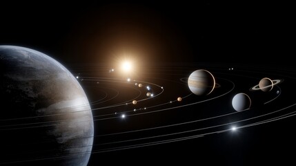 Fototapeta premium Solar system orbital paths visualization with planets circling sun in a dark space background, perfect for astronomy education, planetary science, orbital mechanics, space exploration, solar system