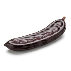 A single ripe carob pod with a dark brown glossy skin