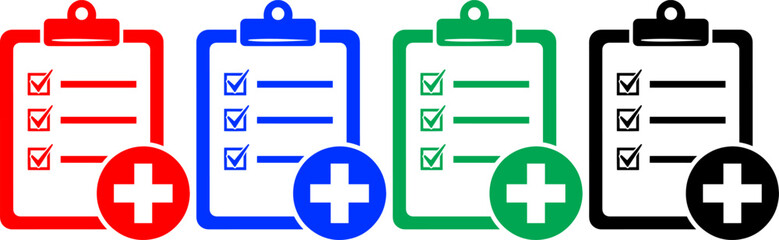 Obraz premium Medical clipboard with checklist and cross symbol icon set in red blue green and black color vector