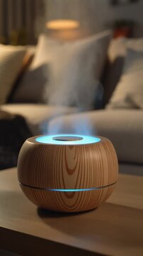 A small, round, wooden essential oil diffuser with a blue light on a table