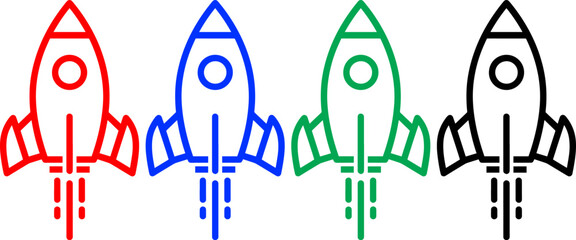 Rocket launch icons in various colors showing space ship taking off with fire trail vector set art © Emongrapic