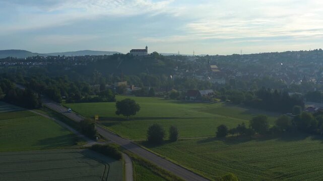 Aerial view beside the old town city Vaihingen an der Enz on an sunny afternoon in autumn.