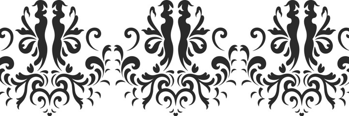 Seamless damask pattern silhouette design, vintage ornamental floral wallpaper, baroque decorative background, classic scroll motif vector, elegant black texture © Miss
