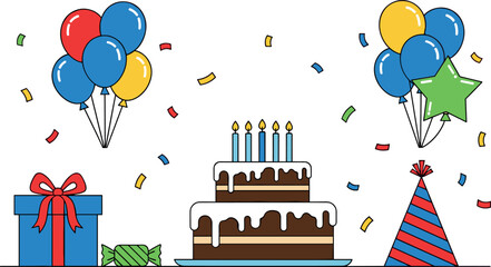Birthday Party Celebration Illustration with Cake, Balloons, Gifts, Confetti, and Festive Decorations for Holiday Events, Greetings, and Fun Designs © tofajjol studio