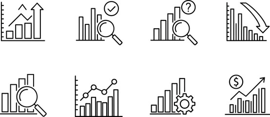 Obraz premium Business Analytics Line Icon Vector Set with Charts, Graphs, Statistics, Growth Analysis, Financial Reports, and Data Visualization Symbols