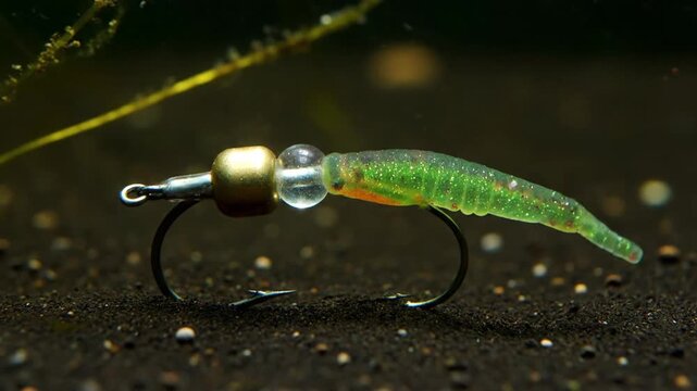 Green fishing lure with hook on dark underwater bottom