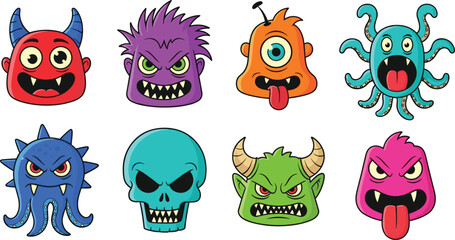 Obraz premium Colorful Monster and Alien Face Icon Set with Horned Creatures Cyclops Skulls and Tentacled Space Monsters for Gaming Mascots and Children's Graphic Design
