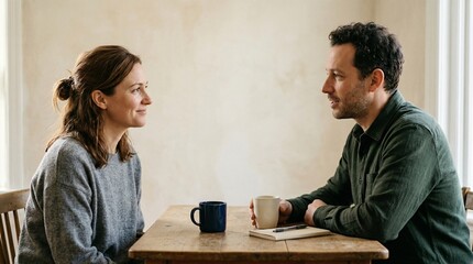 Fototapeta premium Couple having honest conversation over coffee at home