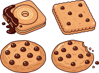 Chocolate Chip Cookie and Biscuit Illustration Icon Set with Sweet Baked Snack Desserts for Bakery, Cafe, and Food Packaging Designs