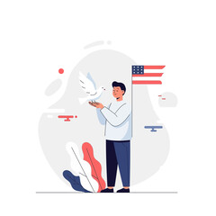 Fototapeta premium Patriotic Man Releasing Dove With American Flag Symbolizing Freedom And Peace