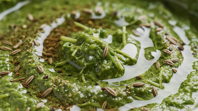 Close Up Of A Vibrant Green Spinach Curry Dish Garnished With Cumin Seeds And Cream Swirls In A Rustic Bowl