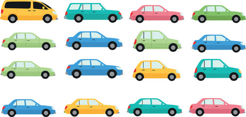 Fototapeta premium Colorful Car Icon Set with Flat Urban Vehicles for Transportation Apps Traffic Illustrations City Maps and Automotive Graphic Design Projects