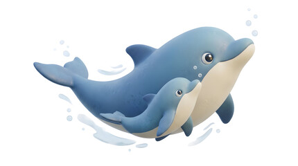 Obraz premium Cute cartoon mother dolphin and baby dolphin swimming together playfully.