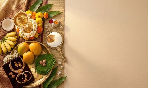 Tamil New Year Kanni Arrangement with Brass Lamp and Fruits &ndash; Festive Greeting Background